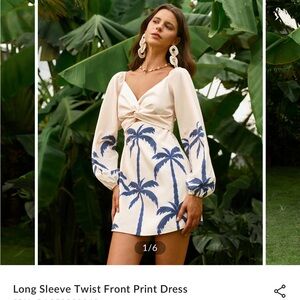Commense Cream and Blue Palm Print Long Sleeve Dress
